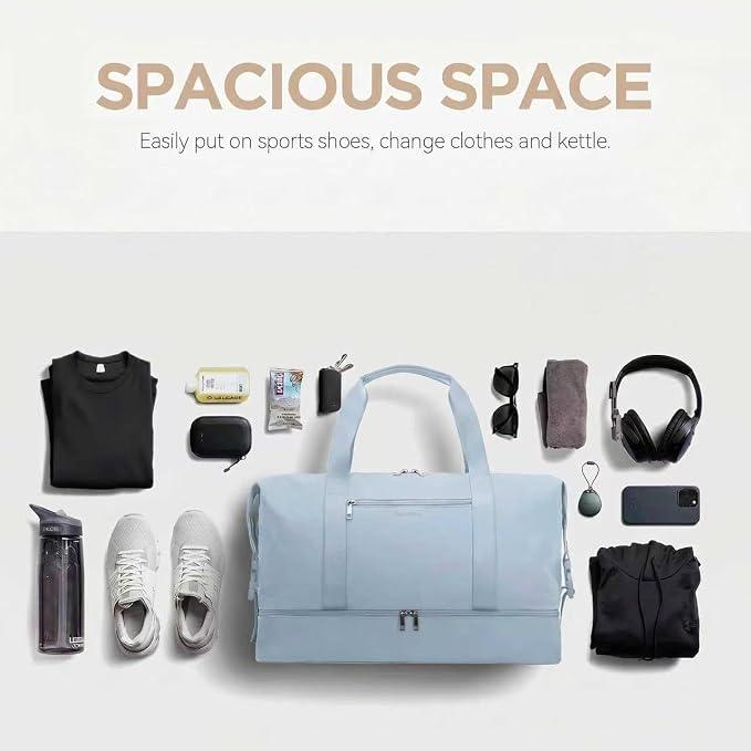 Oeihuivt Weekender Bags for Women, Light Blue, 21 Inch, 2-Piece Set | Large Travel Duffel Bag, Shoe Compartment, Heavy-Duty Canvas Leather, Carry On Overnight Tote - Image 6