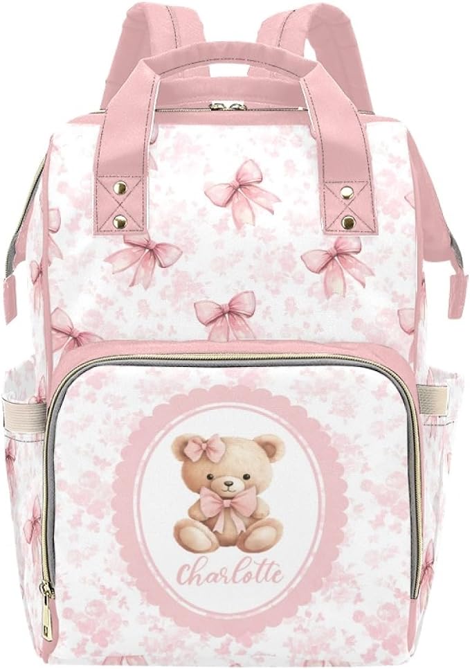 Personalized Bear and Pink Bow Diaper Bag Backpack with Custom Name – Waterproof Multi-Pocket Baby Nappy Bag for Moms and Dads – Large Capacity Travel Backpack & Shower Gift for Baby by Unknown