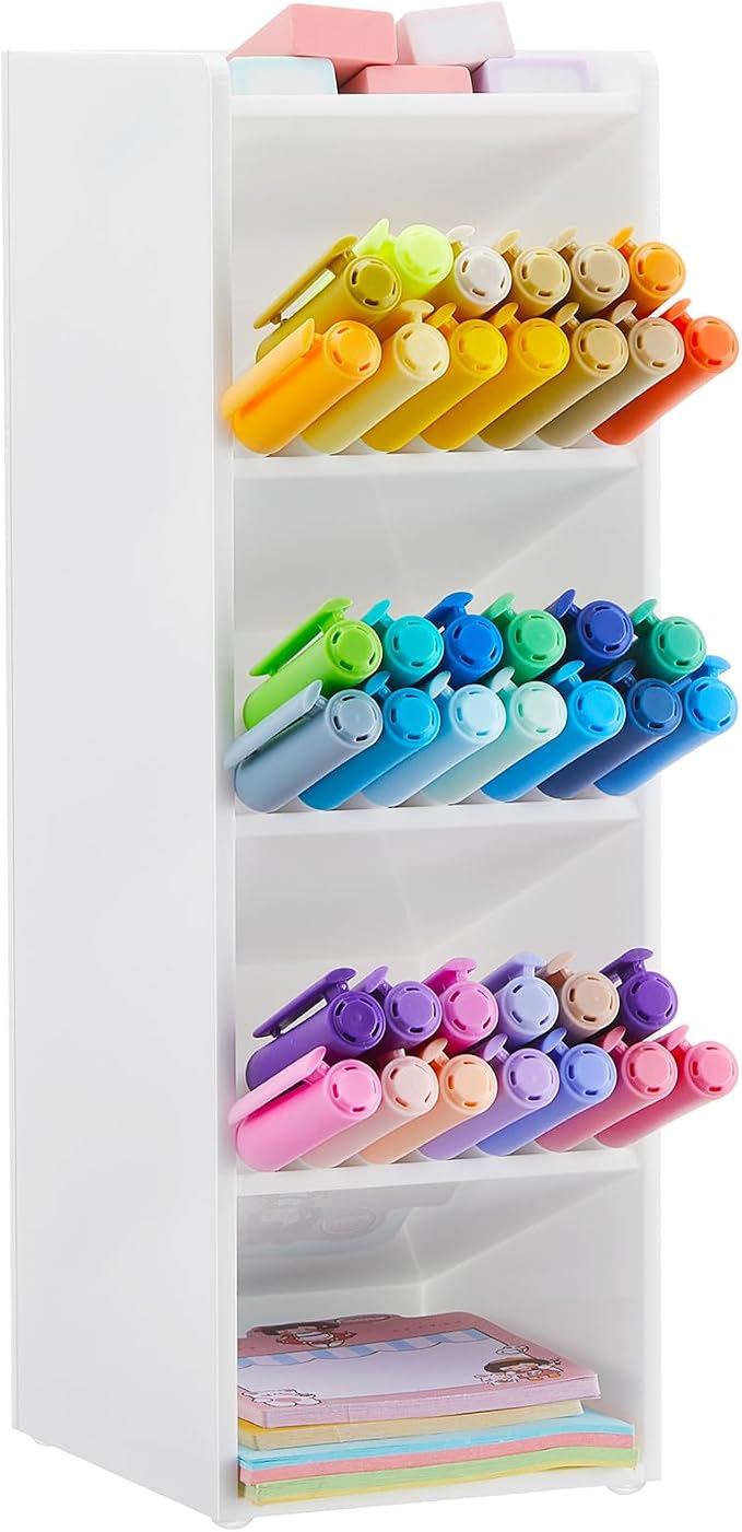 MotiMind Acrylic Pen and Marker Organizer for 50 Markers | 5 Compartments, Vertical Marker Pencil Organizer, Acrylic Pen Display Holder, Art Supply Storage for Desk Stationery, White by MotiMind