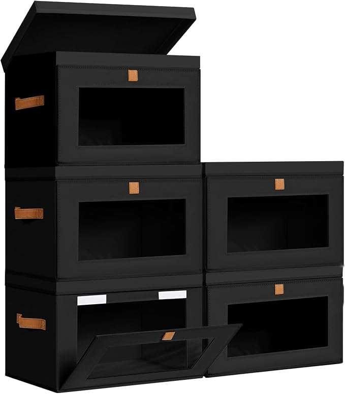 DIMJ Storage Bins with Lids - 5 Pack Large Fabric Closet Organizer with Window & Handles, Collapsible Decorative Storage Boxes for Shelves Under Bed, Books Clothes Blankets Sweaters Organization by DiMJ