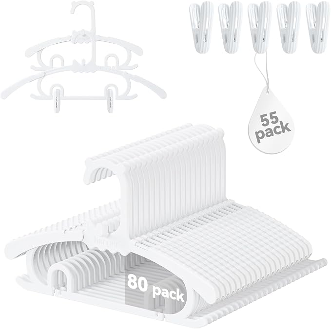 80 Pack Baby Hangers,with 55 Detachable Clips Adjustable 11.14"-15.55", Stackable Kids Closet Hangers, Two Bottom Grooves for Secure Clip Placement.Fits Newborns,Toddlers, Children & Teens(White) by VIIBASE