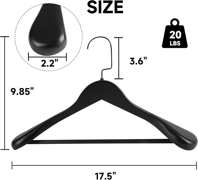 17.5" Wooden Suit Hangers, Non Slip Pants Bar, Black, 36-Pack | Wood Extra-Wide Shoulder Hangers with Flat-Head Hook for Suits, Coats, Jackets, Shirts, Pants, Heavy Clothes - Image 2