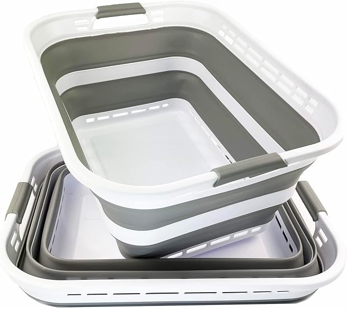 SAMMART 42L (11 Galloons) Collapsible Plastic Laundry Basket - Foldable Pop Up Storage Container/Organizer - Portable Washing Tub - Space Saving Hamper/Basket [BPA Free] (White/Grey (Set of 2)) - Image 6