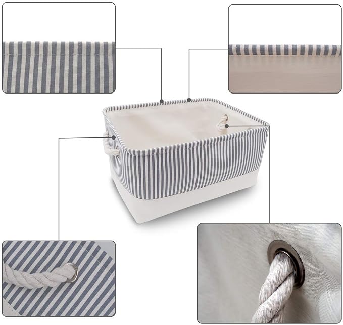 Mangata Fabric Storage Bins, Set of 3 Foldable Canvas Storage Basket W/Handles for Organizing Shelves Toys Clothes Nursery Home Closet(Grey Stripe, Medium) - Image 2