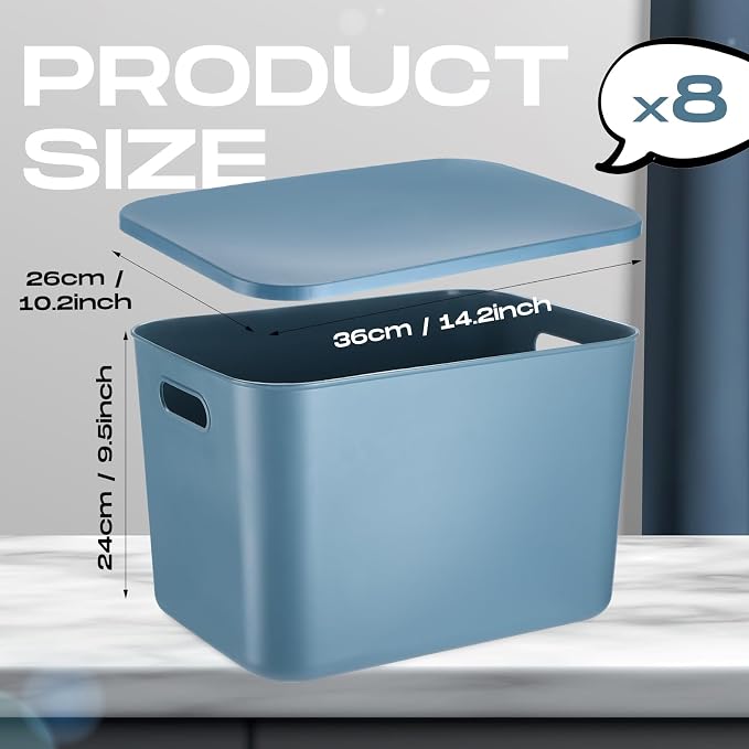 8 Pack Storage Bins, 14.2 X 10.2 X 9.5 Inch Blue | Plastic Stackable Containers with Lid Handle, For Shelves Desktop Playroom Office, Organizing Toys Books Supplies Storage - Image 2