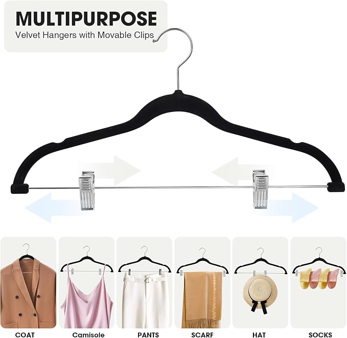 24-Pack Black Velvet Hangers with Clips Adjustable,Adult Hangers,Heavy-Duty,Felt,Non-Slip,Space Saving,Slim Outfit Hanger for Pants, Skirts, Suits,Coats, Dresses ect. - Image 6