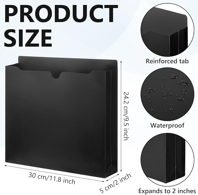 Dunzoom 50 Pack File Jackets Letter Size 2 Inch Expansion Manila Plastic File Folders Expandable Heavy Duty Reinforced Straight Cut Tab Expandable Document Jacket for Office(Classic,Black) - Image 2