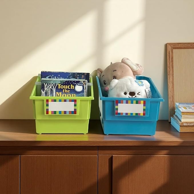 6 Pack Plastic Picture Book Classroom Library Bins with Dividers, Neon | Plastic Shelf Bin Organizer for Classroom Library, Book, Documents, Files Magazines, Multi-Purpose Book Holders with Labels - Image 7