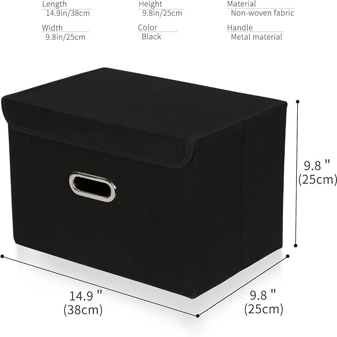 Fabric Foldable Collapsible Storage Cube Bin Organizer Basket with Lid, Handles, Removable Divider for Home, Closet (Black, 3Pcs) - Image 2