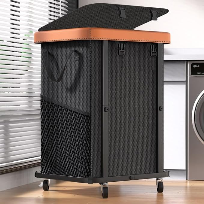 Laundry Hamper with Wheels,150L Leather Patchwork Clothes Hamper Black | Rolling Laundry Basket with Sturdy Metal Frame, Removable Washable Bag,Tall Clothes Sorter for Bedroom, Laundry Room, Dorm by Unlockyourhomestoragelife