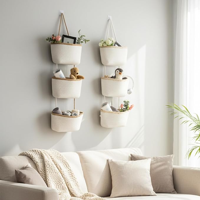TeoKJ Over the Door Hanging Basket, 3-Tier Woven Cotton Wall-Mounted Storage Organizer Bag Decorative Hanging Nursery Baskets, White & Light Brown - Image 7