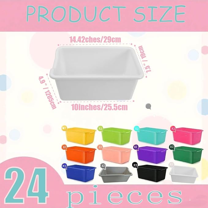 24 Pack Plastic Cubby Bins, Stackable Storage Bins with Adhesive Label Toy Book Organizer Baskets for Classroom, Library, Playroom, Home & Office Organization (Twelve Colors) - Image 2