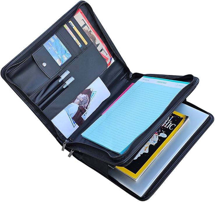 14" Laptop Briefcase, Vegan Leather Portfolio with Zipper Compartments x 2, A4 Papers Holder Padfolio Organizer - Image 4