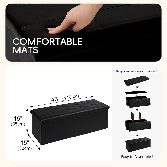 PINPLUS Folding Storage Ottoman Bench, Black Faux Leather Long Ottoman Chest, Footrest Seat, Blanket Storage for Living Room Bedroom Office Hallway, 43.3"x15"x15" - Image 3