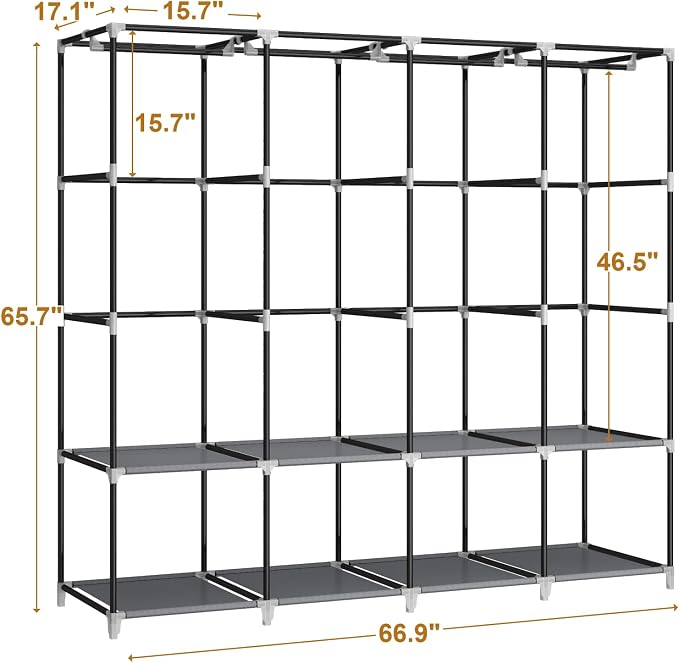 67" Portable Wardrobe Closet for Hanging Clothes, 8 Shelves 4 Rods & Cover | Non-woven Fabric Cover, 4 Clothes Hanging Rods, 8 Storage Shelves, Grey - Image 7