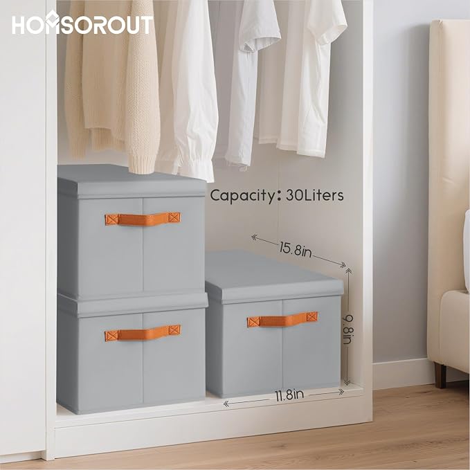 Storage Bins with Lids - Large Fabric Closet Bins with Lid, 5 Pack Clothes Organizers and Storage, Collapsible Stackable Cube Basket for Home, Office, Dorm, Grey - Image 7