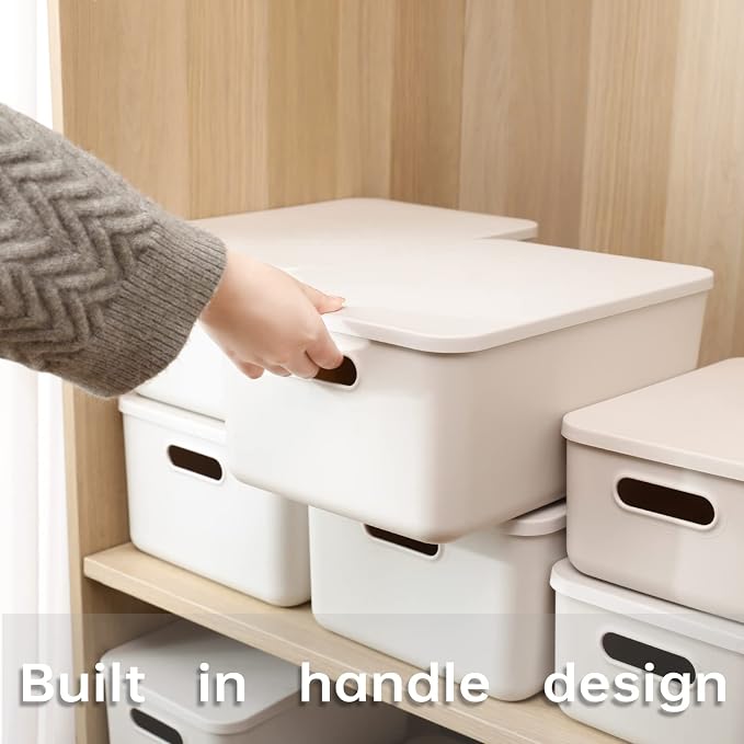 Yishyfier Plastic Storage Baskets With Lid Organizing Container Lidded Knit Storage Organizer Bins for Shelves Drawers Desktop Closet Playroom Classroom Office (4M+2S, Light grey) - Image 3