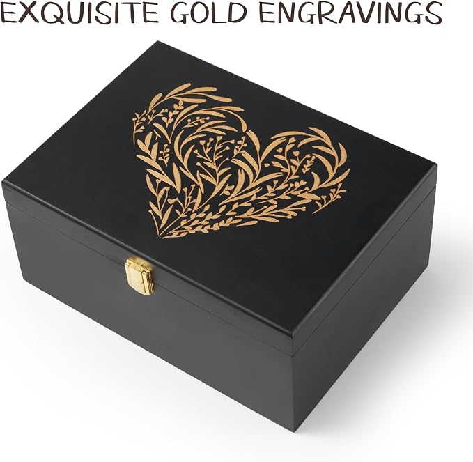 Larger Wooden Memory Keepsake Boxes With Hinged Lids and a photo frame inside the lid - Decorative Storage Box With a Hinge Lids For Picture Letter Time Capsule - 5.3“*8.6”*11.7“ Black - Image 4