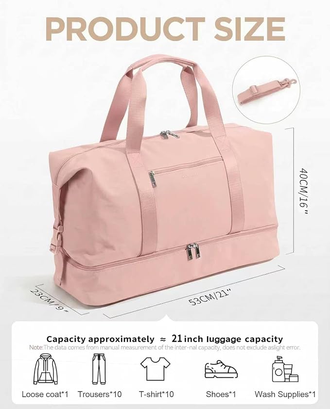 Oeihuivt Weekender Bags for Women, Pink, 21 Inch, 2-Piece Set | Large Travel Duffel Bag, Shoe Compartment, Heavy-Duty Canvas Leather, Carry On Overnight Tote - Image 2