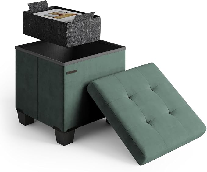 Storage Ottoman Cube with Small Bin, 15-in Square Ottoman with Storage for Living Room and Bedroom, Small Ottomans Foot Rest, Velvet Foot Stools Ottomans Max 330lbs, Green by STORAGEBUD