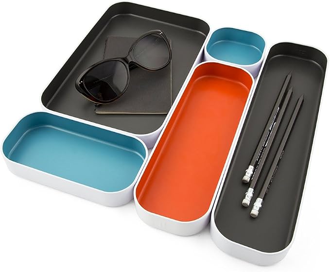 Three by Three Seattle Metal Drawer Organizer Tray Set, 5-Pc, 1" (Gray Mix) | Colorful 1" metal bins; food-safe; soft non-scratch base; kitchen, bathroom, vanity, desk & office drawers - Image 8