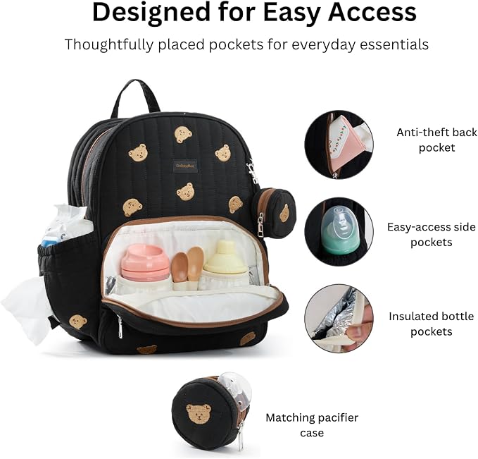 Large Diaper Bag Backpack with Changing Pad, Insulated Bottle Pockets, Travel & Hospital Bag for Mom & Dad (Large - Black Bears) - Image 2
