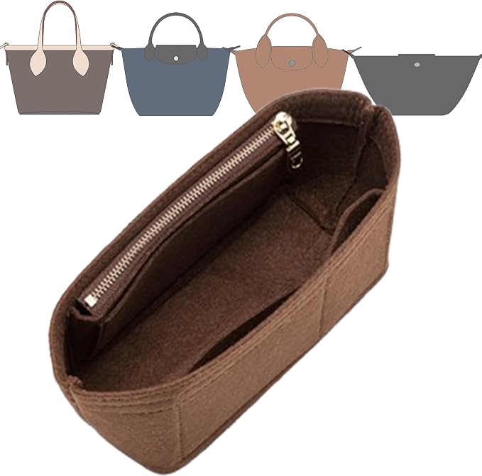 Small Purse Organizer Insert for Handbags, Felt Neverfull BB Organizer Insert,Mini Tote Bag Organizer with Zipper Pocket, Fit Neverfull BB Longchamp Xtra Energy S and More, Brown-XS - Image 2