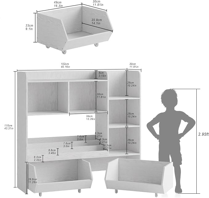 ZOPEND Kids Bookshelf and Toy Storage Organizer with 2 Rolling Bins, 5-Tier Open Wooden Bookcase for Children's Bedroom Playroom Nursery, Montessori Toddler Book Shelf with Display Rack, White - Image 2