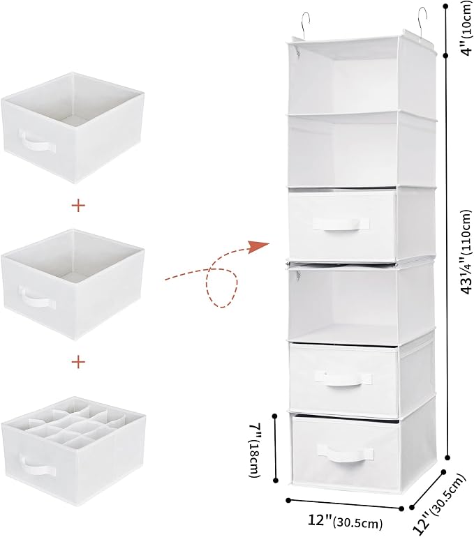 GRANNY SAYS Hanging Closet Organizer, 5 Drawers, 6 Shelves, 4 Pockets | Hanging Closet Organizer with 5 Different Drawer Designs, 6 Shelves & Reinforced Structure for Organized Small Spaces, White - Image 3