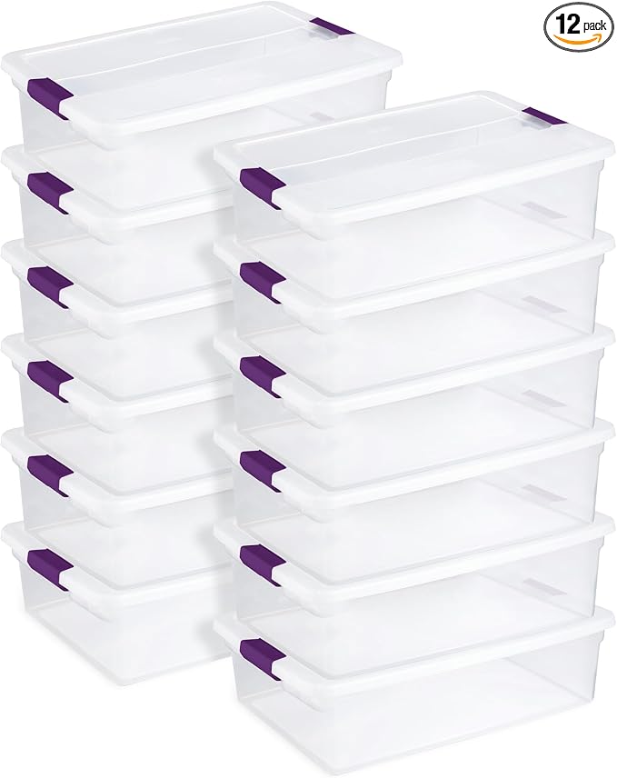 Sterilite ClearView Latch Boxes, Storage Bins with Lids, 32 Quart, 12-Pack | Clear Plastic Organizers with Color Accent Latches for Closet, Bedroom, Shelving Units, Dorm Room and Home Organization by Sterilite