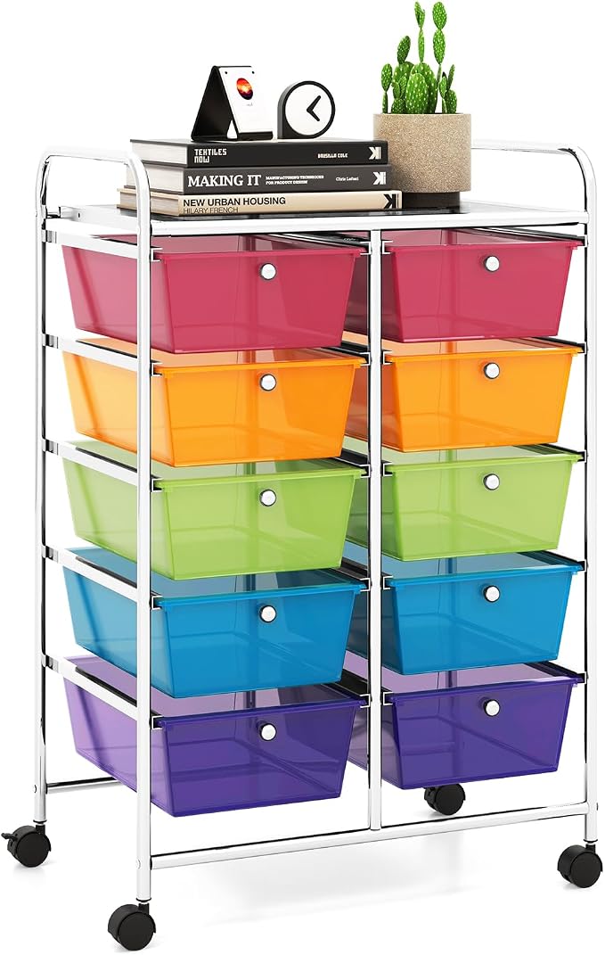 10 Drawer Rolling Cart, Storage Cart Organizer on Wheels, Drawer Cart with Metal Frame & Large Storage Capacity, Rolling Cart with Drawers for Living Room Classroom, Office by LDAILY