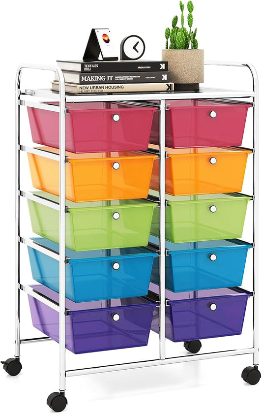 10 Drawer Rolling Cart, Storage Cart Organizer on Wheels, Drawer Cart with Metal Frame & Large Storage Capacity, Rolling Cart with Drawers for Living Room Classroom, Office by LDAILY
