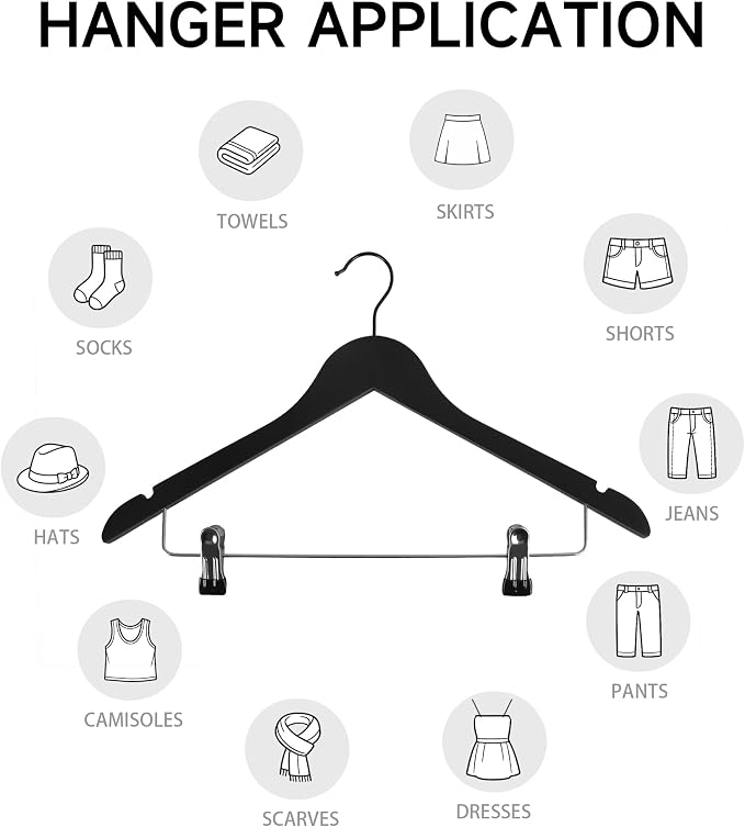 Wooden Hangers with Adjustable Metal Clips, 24-Pack, Black | Solid Wood Hangers with 360° Rotatable Hook for Skirt, Dress, Coats, Jacket and Pants, Space-Saving and Non-Slip Design - Image 5