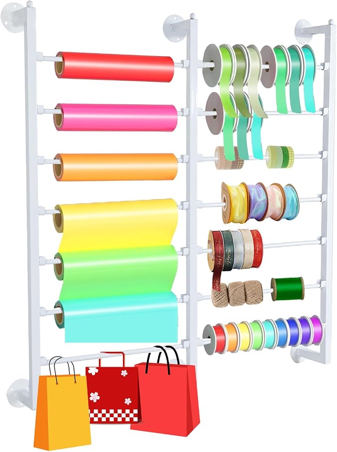 7-Tier Double Row Ribbon Storage Organizer , Wall Mounted Ribbon Organizer | 14 Removable Rods Craft Room Storage Rack. Perfect for Flower Shops, DIY Yarn, Gift Bags & Wrapping Paper Organization by Unknown