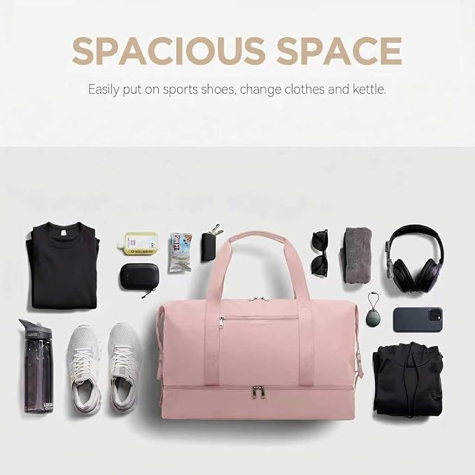 Oeihuivt Weekender Bags for Women, Pink, 21 Inch, 2-Piece Set | Large Travel Duffel Bag, Shoe Compartment, Heavy-Duty Canvas Leather, Carry On Overnight Tote - Image 7