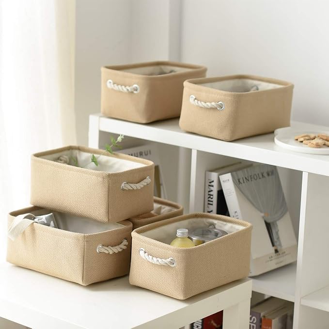 Storage Basket for Organizing - Small 6 Pack 11.8x7.8x5.2 inch Fabric Storage Cubes with Cotton Rope Handle, Collapsible Storage Bins Baby Storage Toy Nursery (Beige) - Image 6