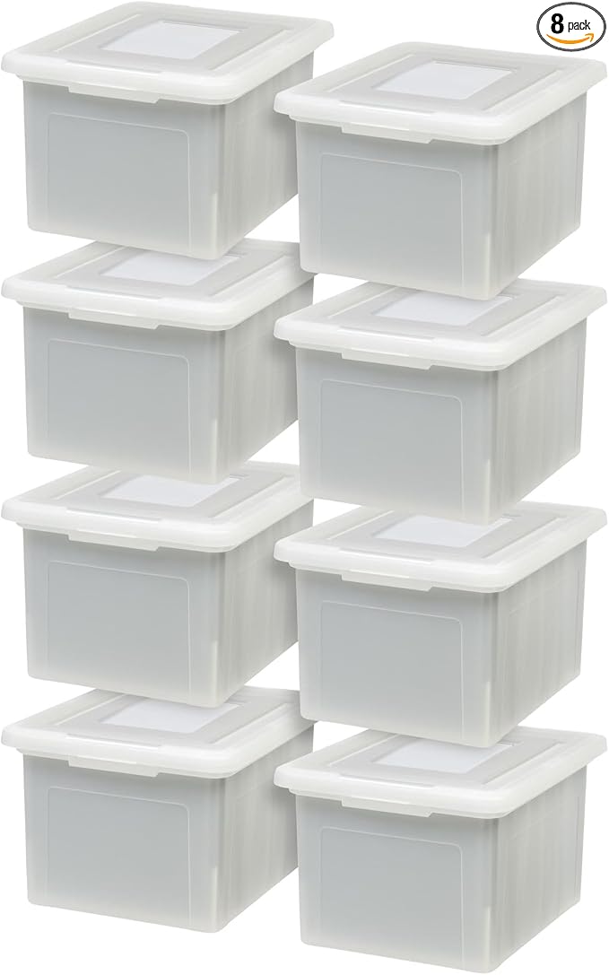 IRIS USA File Box, Plastic File Organizer with Lids for Letter/Legal File, Portable Document Box For Moving, Storage Bin with Durable and Secure Lid, Stackable Nestable BPA-Free, Pearl 35 Qt. 8 Pack by IRISUSA