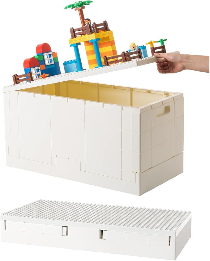 53 Qt. Folding Storage Box with Large Building Lid for Lego Duplo Blocks, 13 Gallon Collapsible Organizer for Lego Bricks (White) by SHIMOYAMA