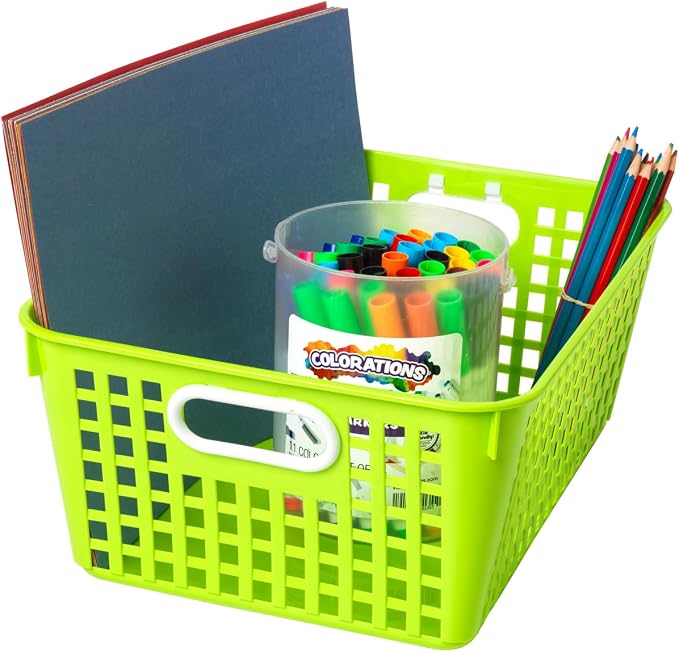 Really Good Stuff Large Plastic Storage Baskets with Handles - 6 Pack | 13.75" x 9.75" x 5", Neon Group Colors, for Books & Supplies, Organize Classroom & Home - Image 5