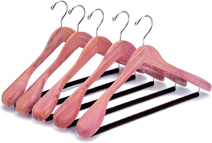 Amber Home 5 Pack Cedar Wood Suit Coat Hangers with Extra Wide Shoulder | Wooden Clothes Hangers with Non-Slip Velvet Pant Bar, Natural Cedar Hangers for Coats & Jackets by AmberHome