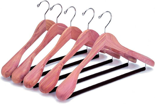 Amber Home 5 Pack Cedar Wood Suit Coat Hangers with Extra Wide Shoulder | Wooden Clothes Hangers with Non-Slip Velvet Pant Bar, Natural Cedar Hangers for Coats & Jackets by AmberHome