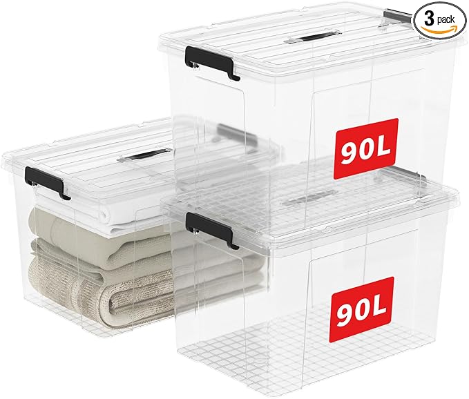 Cetomo Lidded Storage Bin with Handle, Tote Organizing Container with Durable Lid and Secure Latching Buckles, Stackable and Nestable, Plastic, 95 Quart-3 Pack, Clear by Cetomo