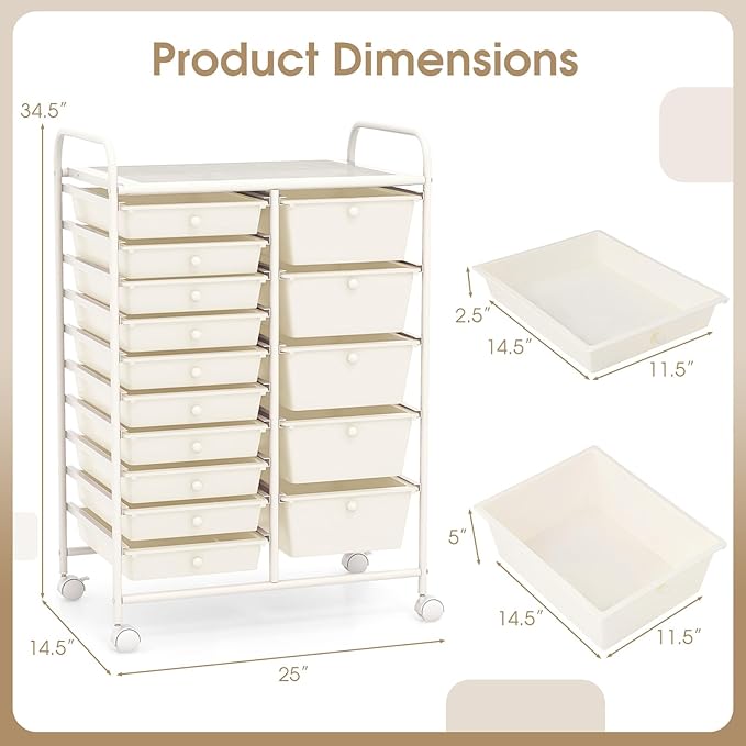 RELAX4LIFE 15-Drawer Storage Drawer Carts - Mobile Rolling Utility Cart w/Wheels, Craft Organizer for Classroom Organization and Storage, School, Office, Home, Storage Organizer Cart (White) - Image 3