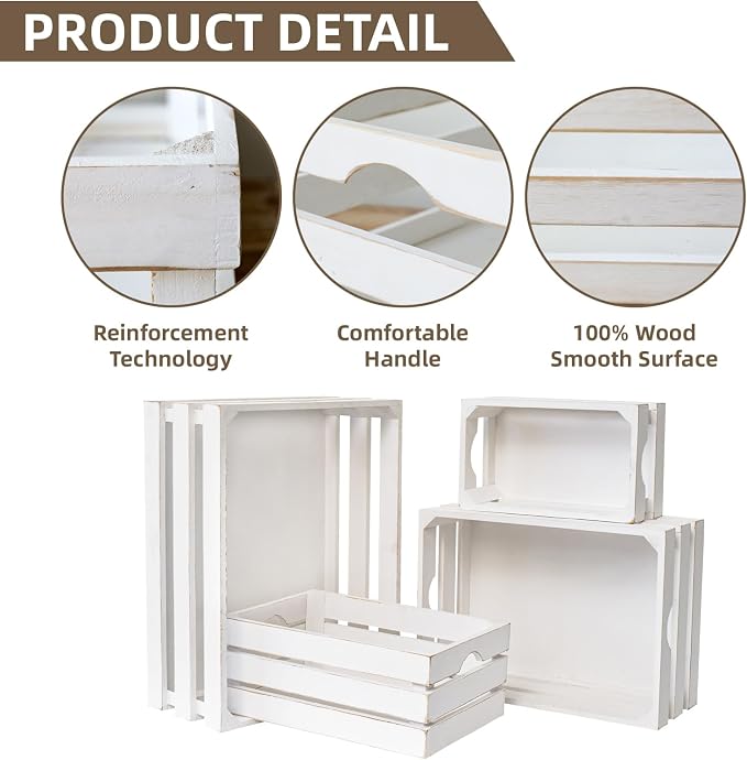 Set of 4 Large Wooden Decorative Storage Crates, Whitewashed Nesting Wooden Crates for Display Rustic, Farmhouse Wood Storage Container Boxes Made from 100% Wood - Image 3