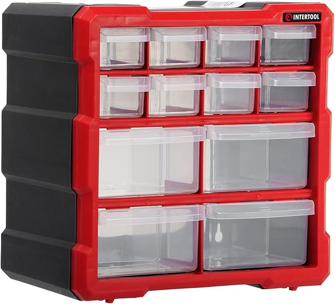 Small Parts Organizer - 12 Removeable Bin Drawers - Tool Box for Storing Hardware and Garage Organization - For Screws, Bolts, Legos, Arts and Crafts - 10” x 10” x 6” - BX08-4024 by INTERTOOL