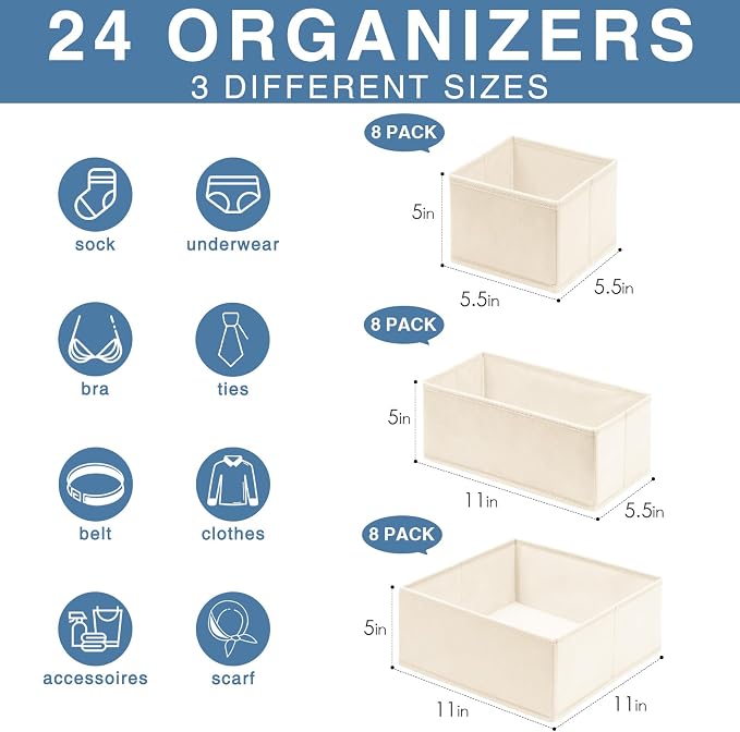 Drawer Organizer Clothes, 24 Pack Dresser Organizer Bins for Nursery Bedroom, Closet Organization and Storage Dividers for Clothing, Baby Clothes, Underwears, Socks (Beige) - Image 2