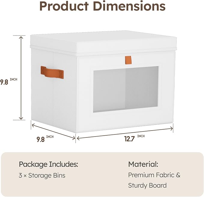 Storage Bins with Lids - Front Opening Storage Box with Clear Window & Handles, Stackable Foldable Fabric Bins for Closet Organization, Clothes, Sweaters, Towels, Blankets, 3 Pack, White - Image 8