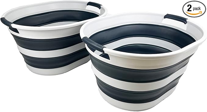 SAMMART 23L (6 Gallons) Set of 2 Collapsible Plastic Laundry Basket - Oval Tub - Foldable Storage Container/Organizer - Portable Washing Tub - Space Saving Laundry Hamper (Grey/Slate Grey) by SAMMART
