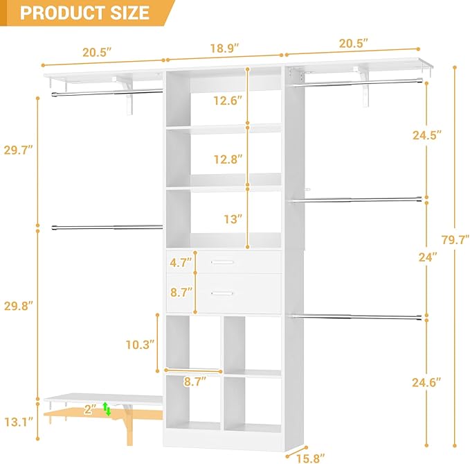 5FT Small Closet System, Baby Closet Organizer System with Wooden Drawers, 60 Inches Walk In Closet System With 5 Hanging Rods and 3 Reversible Hanging Shelving, White - Image 3