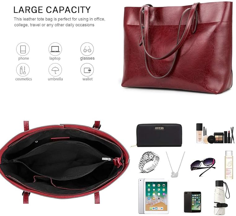 Kattee Vintage Genuine Leather Tote Shoulder Bag for Women | Genuine leather tote with adjustable straps, 7 pockets, and room for a 14-inch laptop, ideal for work and travel. - Image 5